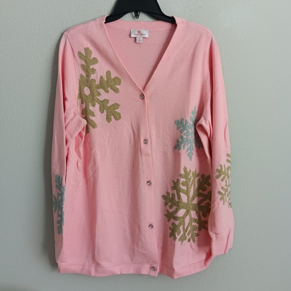 Quacker Factory Snow Day V-Neck Intarsia Sweater Cardigan - Size Medium a671343 - Picture 3 of 4